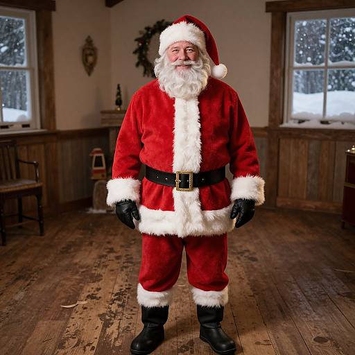 Photograph of a traditional, rosy-cheeked Santa Claus with white beard, red suit, black belt, and gloves, standing in a wooden