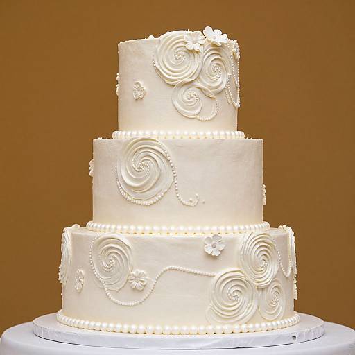 Photograph of a three-tiered white wedding cake adorned with intricate swirls, pearl beads, and small flowers against a brown background.