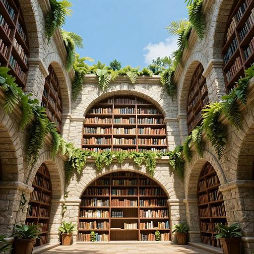 Photograph of an ancient stone library with arched bookshelves, lush green ferns, and potted plants, under a bright blue sky.