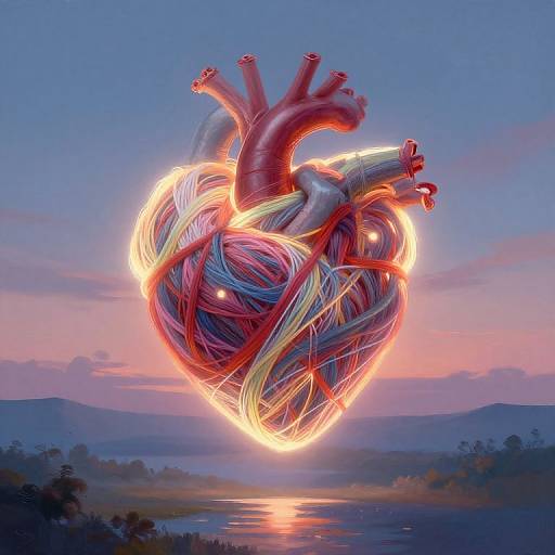 Digital artwork of a glowing, swirling heart with neon red, blue, and yellow cords, floating over a serene sunset lake landscape.