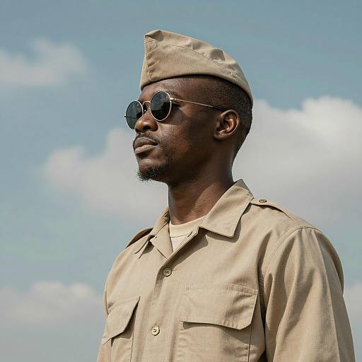 Black man in beige military uniform with sunglasses