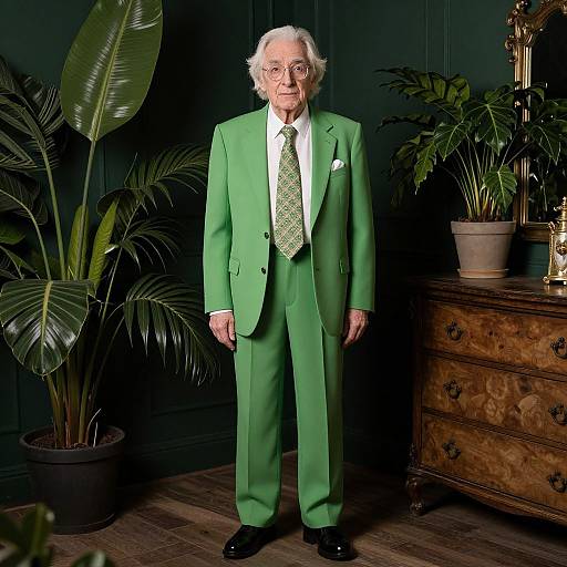 Photograph of an elderly man with white hair, glasses, and green suit, standing in a dimly lit room with large potted plants and a