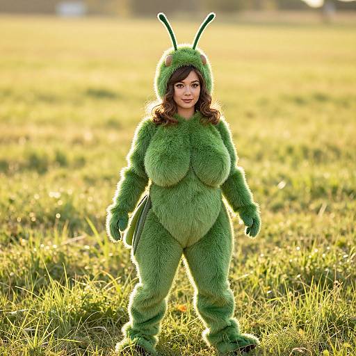 Woman in Detailed Plush Grasshopper Costume