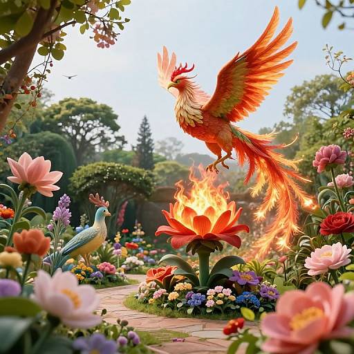 Vibrant digital artwork of a fiery red phoenix soaring above a flaming lily, surrounded by colorful flowers, a blue and white peacock, and
