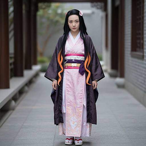 Photograph of an Asian woman with long black hair, wearing a white kimono, black yukata with orange trim, standing in a traditional Japanese