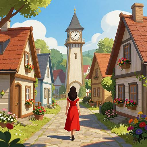 Digital illustration of a red-dressed girl with black hair walking down a sunny, flower-lined village street with a clock tower in the background.