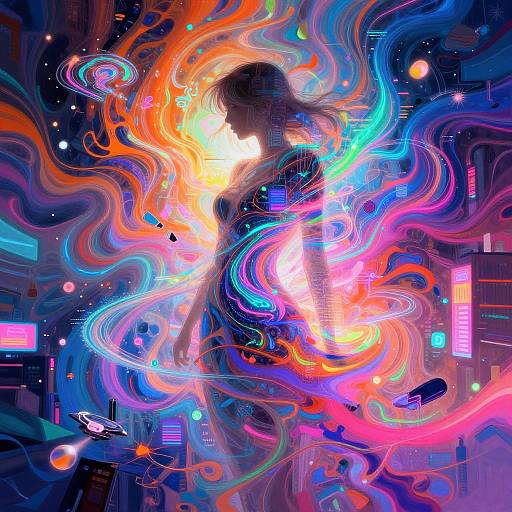 Digital artwork of a silhouetted figure with vibrant, swirling neon colors and abstract lights, set against a futuristic cityscape.