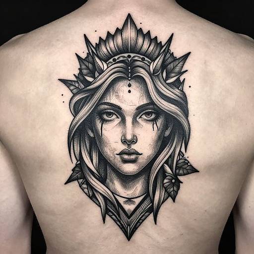 Black and gray tattoo of a stern-faced woman with long hair and a leafy crown on a bare, muscular back.