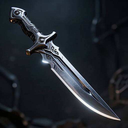 CGI image of a gleaming, intricately designed, silver sword with ornate black handle, glowing blade, against a dark, blurred background.