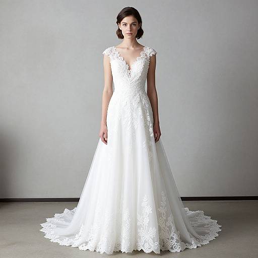 Photograph of a brunette woman in a white, lace-embellished, V-neck, sleeveless wedding gown with a long, flowing train,