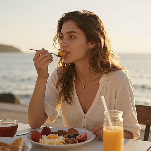 Photograph of a brown-haired woman in a white blouse, eating with a spoon at a seaside breakfast table, with a plate of food and orange juice