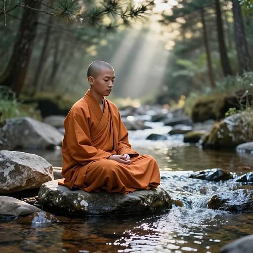 Photograph of a serene Buddhist monk in an orange robe, sitting meditatively on a rock in a forest stream, sunlight filtering through trees.
