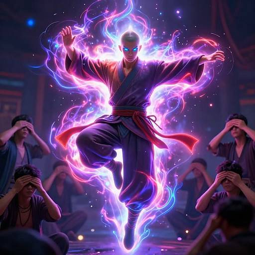 Digital art of a glowing, blue-eyed martial artist with fiery, multicolored energy surrounding him, surrounded by awestruck onlookers in dim