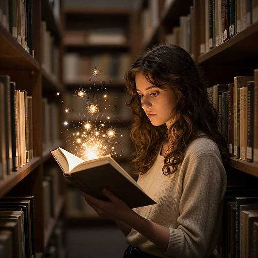 Photograph of a young woman with long, wavy brown hair, wearing a beige sweater, reading a glowing book with sparkling magic effects in a dim