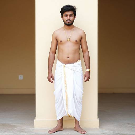 Photograph of a shirtless, bearded South Asian man with medium brown skin, black hair, wearing a white dhoti, gold necklace,