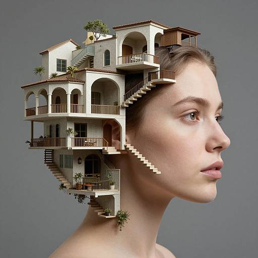 Photograph of a young woman with fair skin and brown hair, her head replaced by a detailed, multi-story Mediterranean-style villa with arches, balcon