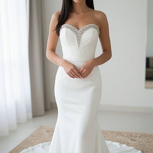 Photograph of a slender woman in a strapless, white, lace-embellished wedding gown, standing in a bright, modern room with light
