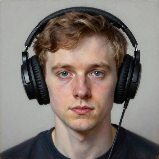 Photograph of a fair-skinned, blue-eyed young man with wavy brown hair, wearing large black headphones, and a black shirt, against a