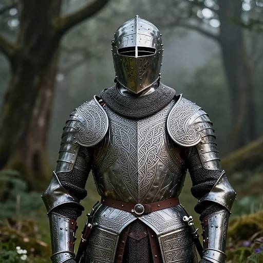 Photorealistic CGI of a medieval knight in detailed, silver armor with intricate patterns, standing in a misty forest. Full helmet with visor.