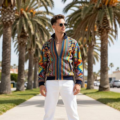 Photograph of a stylish man with short dark hair, sunglasses, colorful embroidered jacket, white pants, walking on a palm-tree lined pathway.