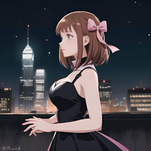 Anime Woman in Pink Dress on Balcony at Night