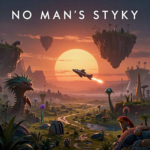 Digital artwork of a vibrant, alien sunset landscape with floating islands, exotic flora, and creatures. A flying vehicle soars above. Text reads 