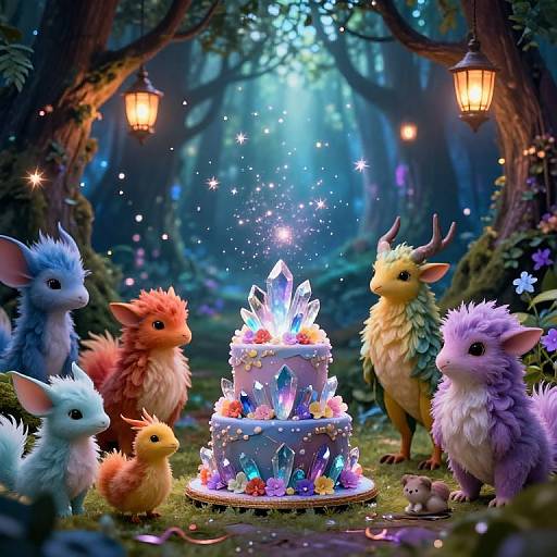 Fantastical forest scene: Fuzzy, colorful creatures gather around a glowing, crystal-decorated cake, illuminated by lanterns, under enchanted,