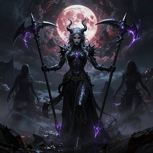 Digital art of a dark, horned, armored female warrior with glowing purple scythes, standing under a blood-red full moon, surrounded by shadow