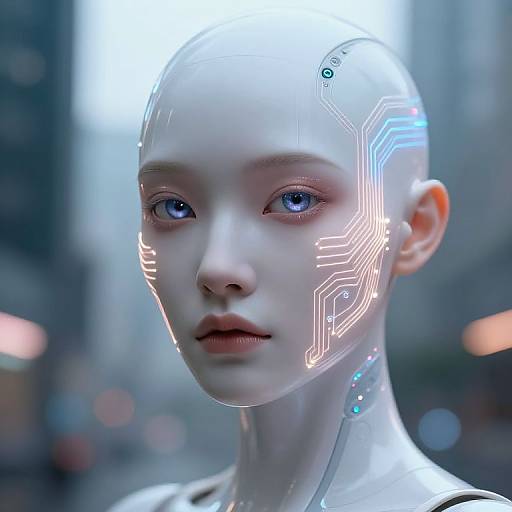 Photorealistic CGI of a futuristic, pale-skinned female android with glowing circuit patterns on her forehead and cheeks, blue eyes, and a sleek,
