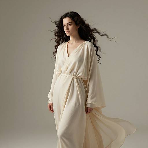 Photograph of a fair-skinned woman with long, wavy black hair, wearing a flowing, white, V-neck, long-sleeve dress