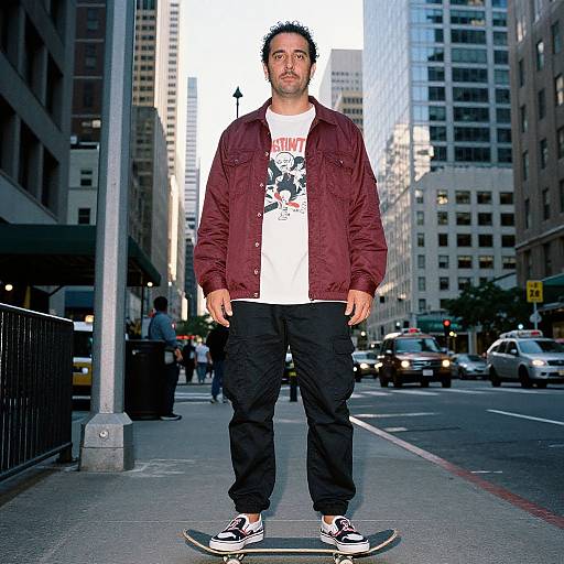 Photograph of a bearded man with short dark hair, wearing a maroon jacket, white graphic tee, black pants, and sneakers, standing on