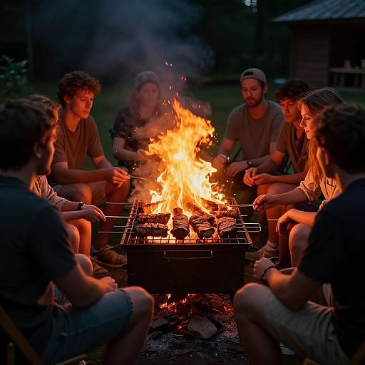 Photograph of six young adults, casually dressed, sitting around a vibrant campfire at night, roasting marshmallows, with dark forest background.