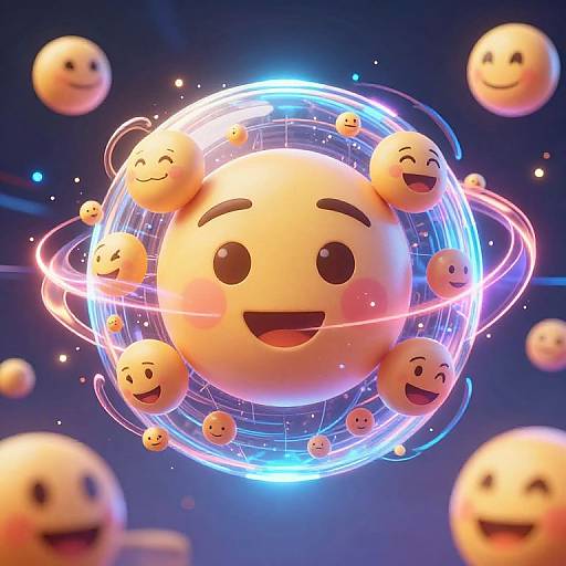 CGI image of a glowing, smiling emoji planet with orbiting emoji faces, surrounded by colorful, glowing rings against a dark blue background.
