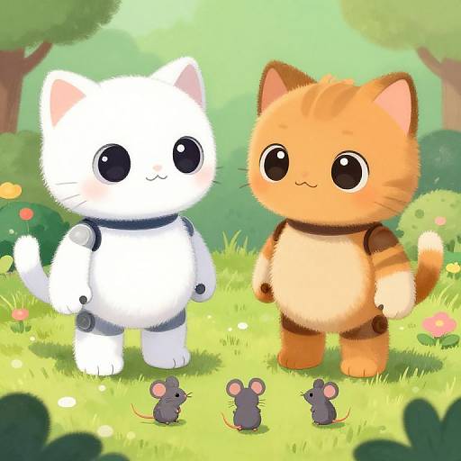 Cute digital illustration of a white and orange chibi-style cat standing in a sunny forest, with three small gray mice at their feet. Bright,