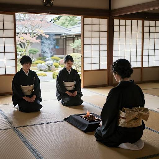 Photograph of three Japanese women in black kimonos, kneeling on tatami mats in a traditional room, facing a small incense burner. Sh
