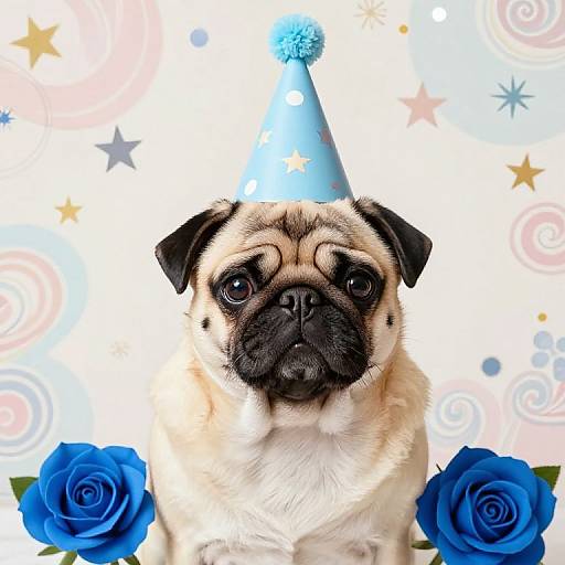Festive Pug with Party Hat and Roses