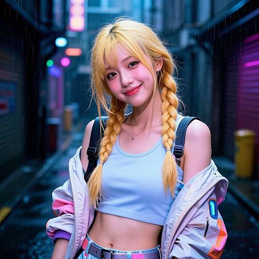 Photograph of a smiling blonde girl with braided hair, wearing a white crop top, jacket, and backpack, in a neon-lit, rainy
