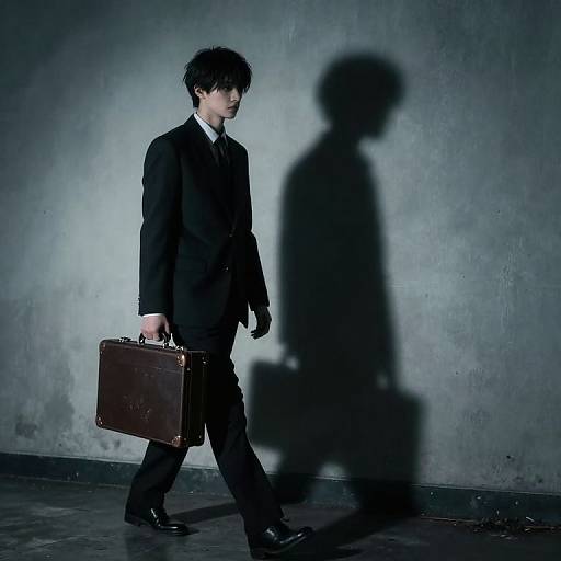 Photograph of a young man in a black suit, holding a brown briefcase, casting a large shadow on a textured gray wall.