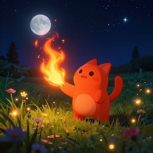 Photorealistic CGI: Adorable red cartoon cat with a glowing belly, holding a fiery flame under a full moon in a starry night sky,