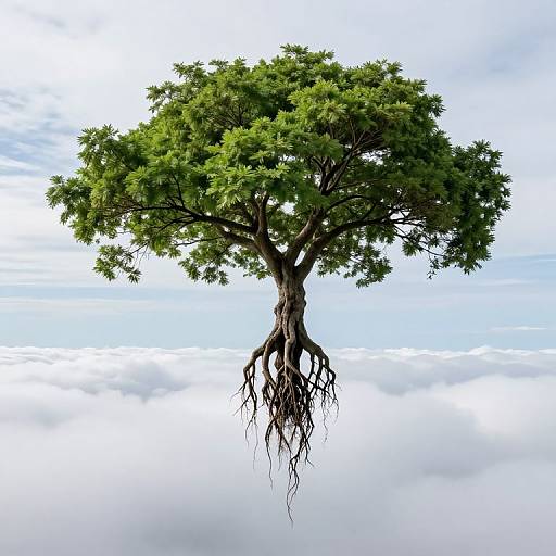Photograph of a floating, green-leaved tree with visible roots, set against a bright blue sky with scattered clouds.