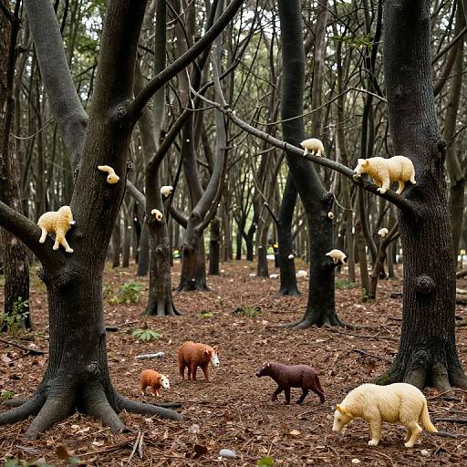Photograph of a forest with yellow sheep, brown and black goats, and a cream-colored dog, all climbing dark, bare trees with a brown,