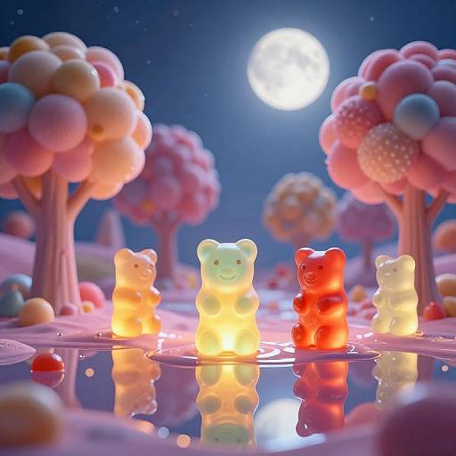 Glowing Gummy Bears in Candy Landscape