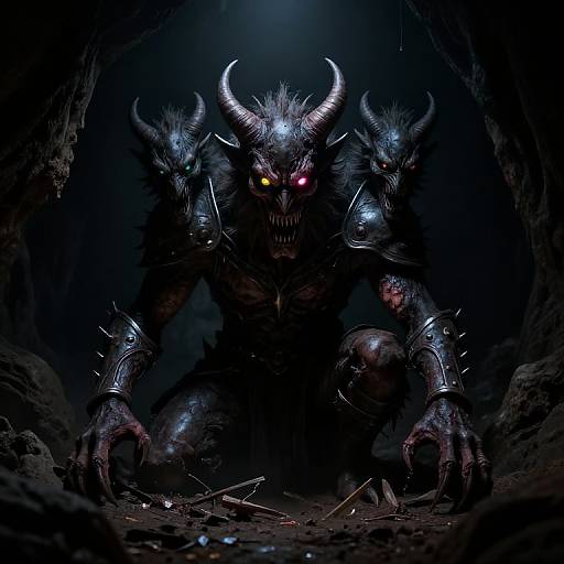 Three-Headed Demon in Shadowy Cavern
