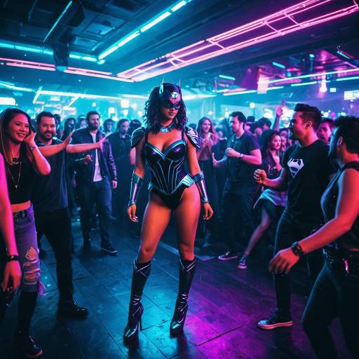 Woman in Superhero Costume Dancing in Neon Club