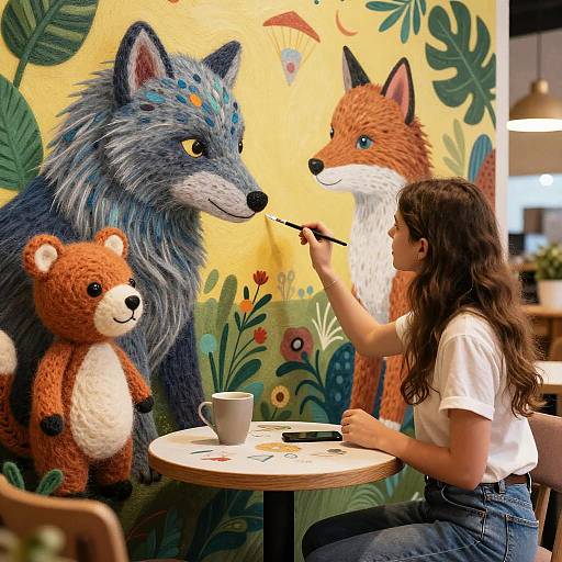Photograph of a young woman painting a fox on a vibrant, jungle-themed mural. She's seated at a round table with a teddy bear and