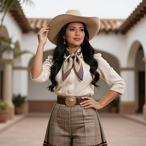 Photograph of a confident Latina woman with long black hair, wearing a white cowboy hat, cream blouse with patterned scarf, high-waisted pl