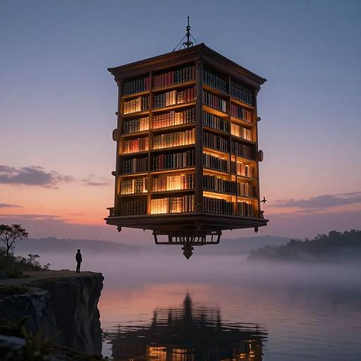 Photograph of a glowing, multi-story floating building at dusk, with a small figure on a cliffside, mist over calm water.