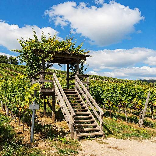 Vibrant Vineyard with Wooden Staircase