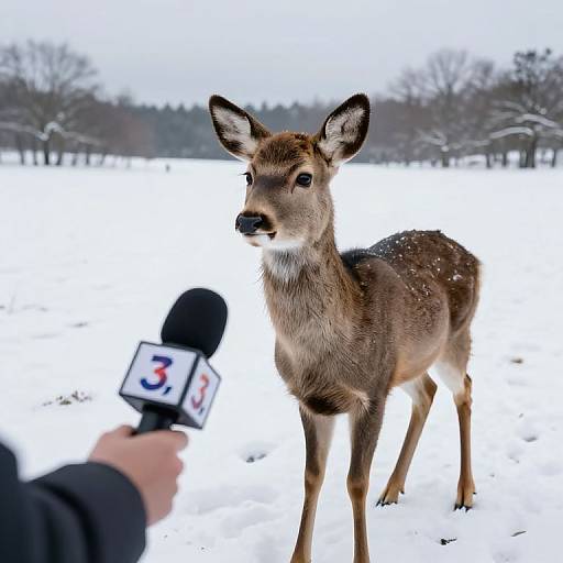 Photograph of a brown deer with white-speckled back standing in snowy landscape, with a black microphone with 