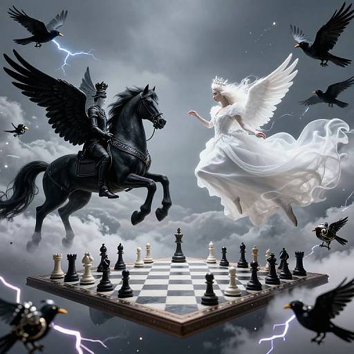 Digital artwork of a celestial battle: a black-winged, armored horseman facing a white-winged, ethereal angel over a floating chessboard with